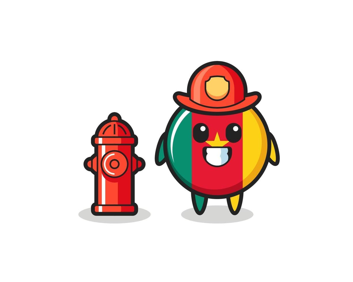Personaje de mascota de la insignia de la bandera de Camerún como bombero. vector