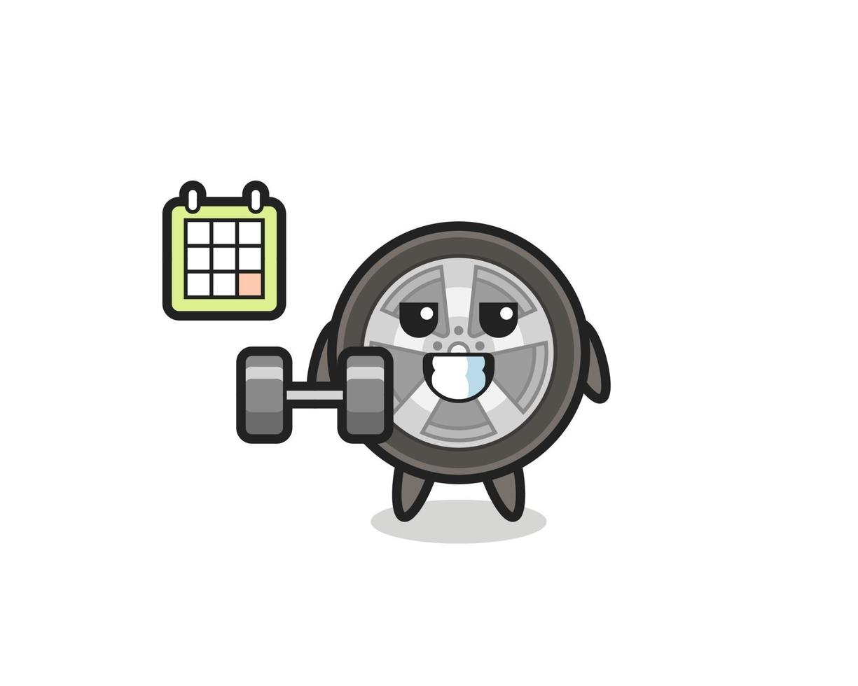 car wheel mascot cartoon doing fitness with dumbbell vector