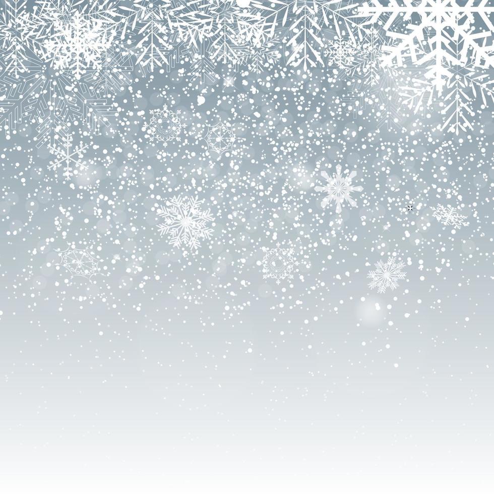 Falling Shining Snowflakes and Snow on Silver Background vector