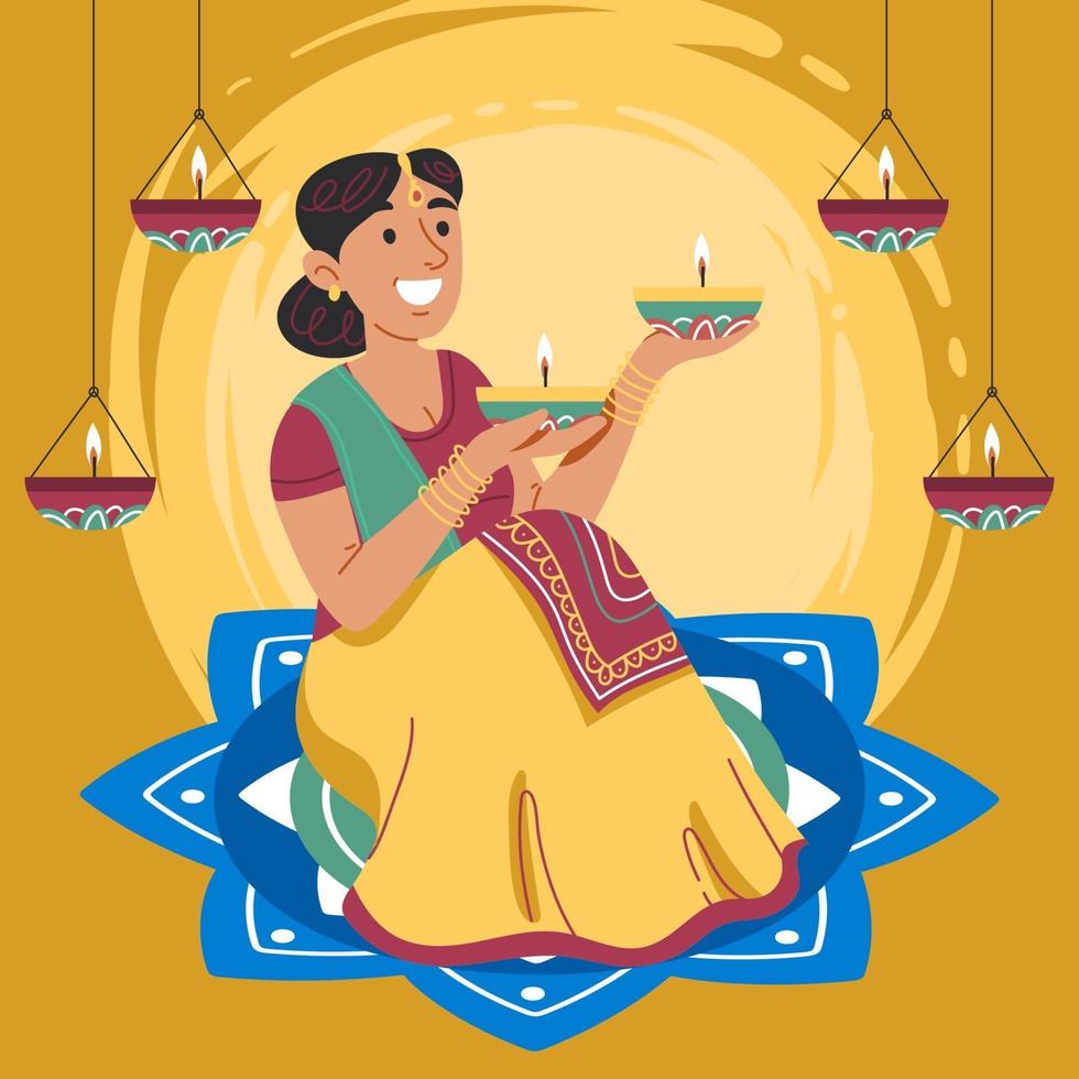 mujer india traer luz de diwali vector