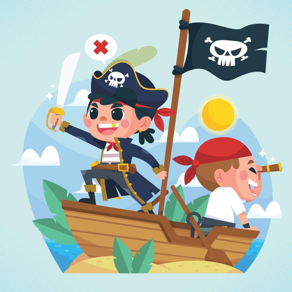 lindos niños piratas navegando en un bote vector