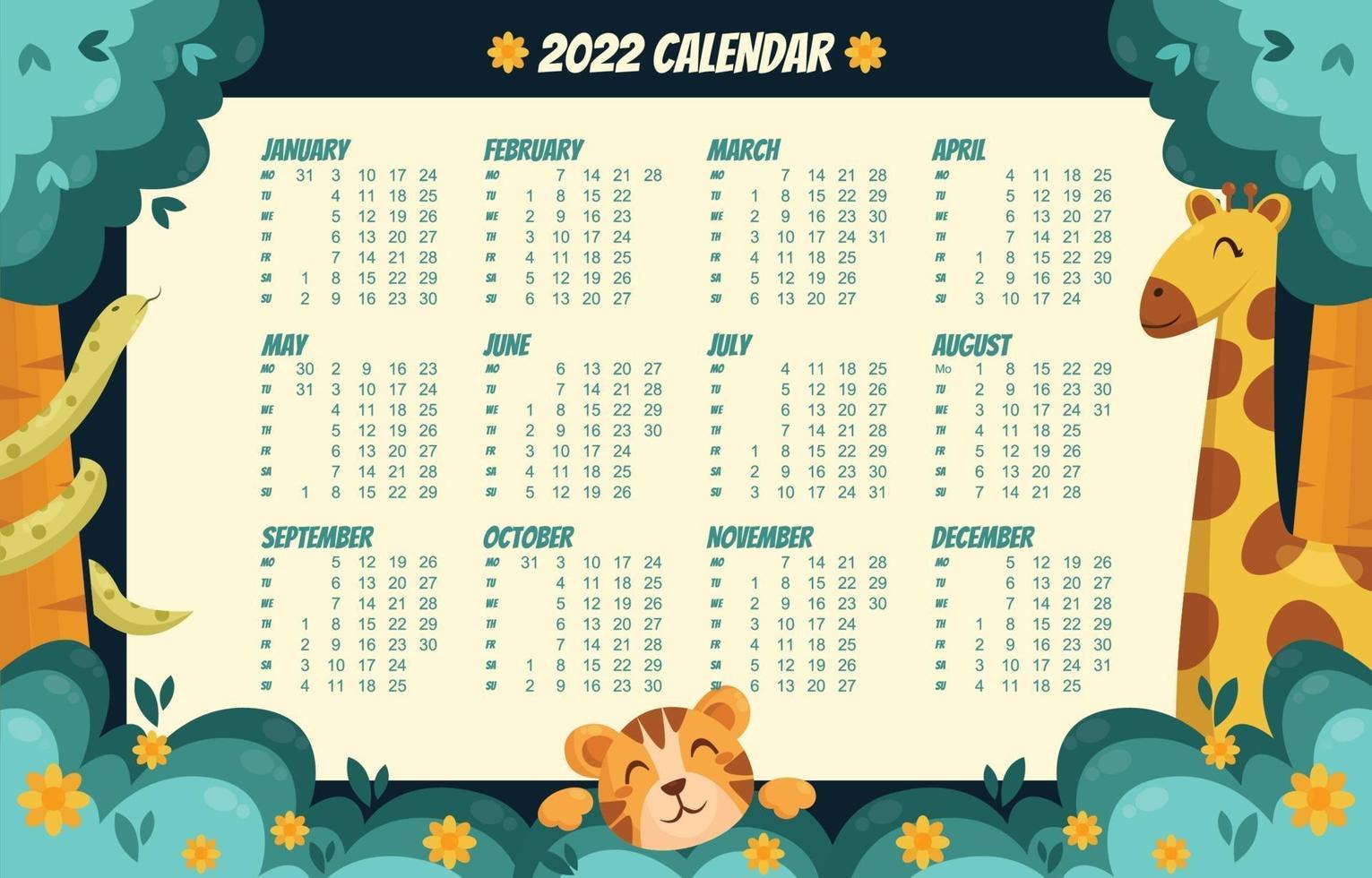 Calendario 2022 con tema de animales del bosque. vector