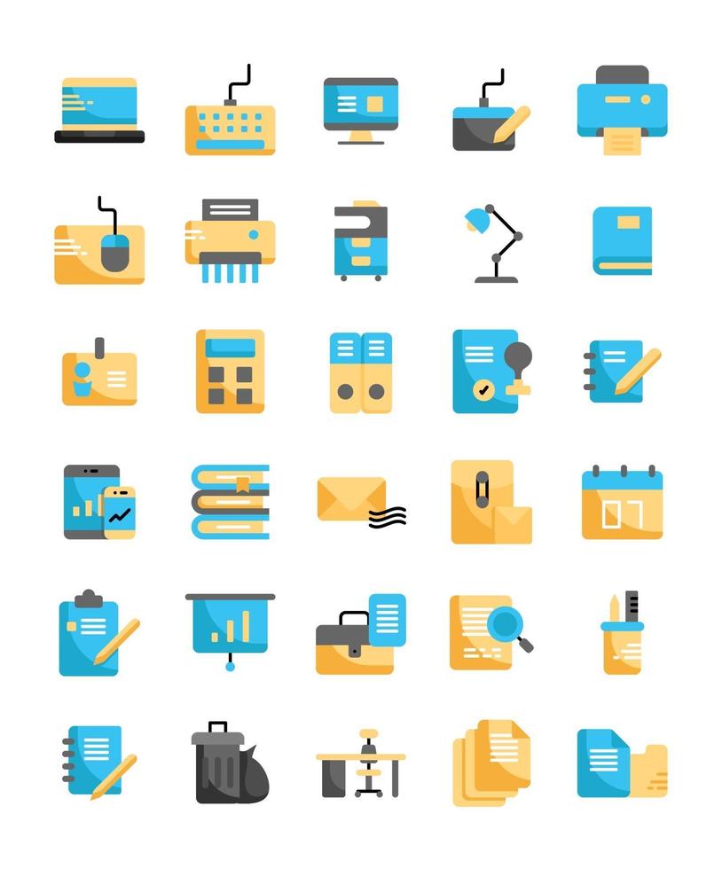 conjunto de herramientas de suministros de oficina que trabajan iconos planos vector