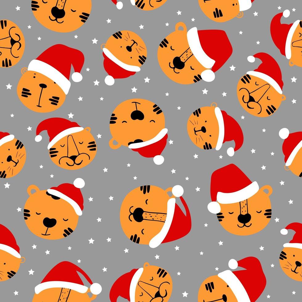 Funny tigers with red hat. Christmas seamless pattern. vector