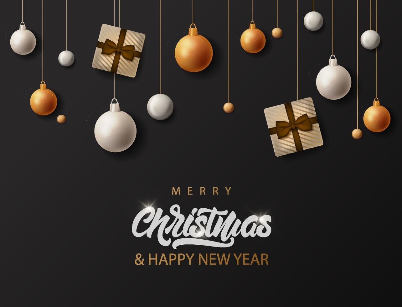 Merry Christmas banner with hanging on a string decorative toys vector