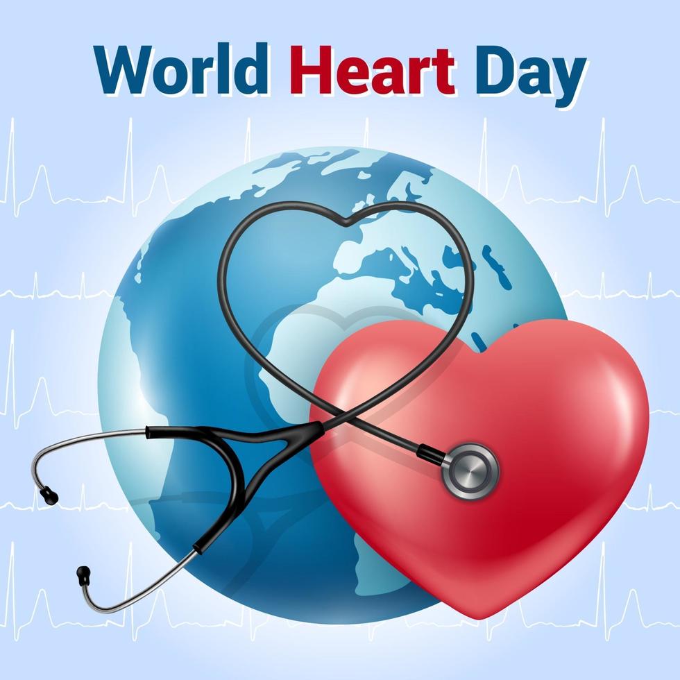 World Heart Day. Realistic style banner. Red heart phonendoscope vector