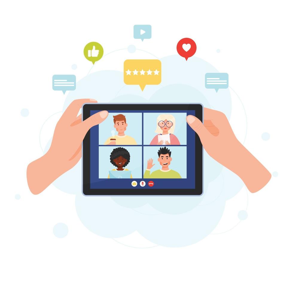 Hands holding tablet with online video chat vector