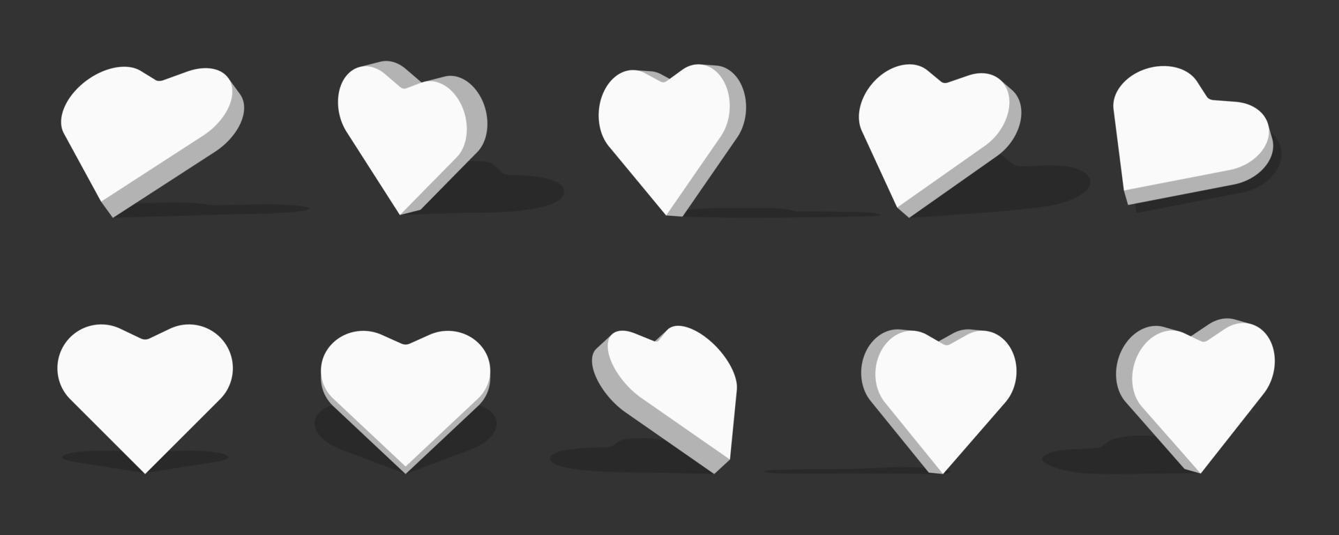 Ilustración de icono 3d de corazón blanco con diferentes vistas y ángulos vector