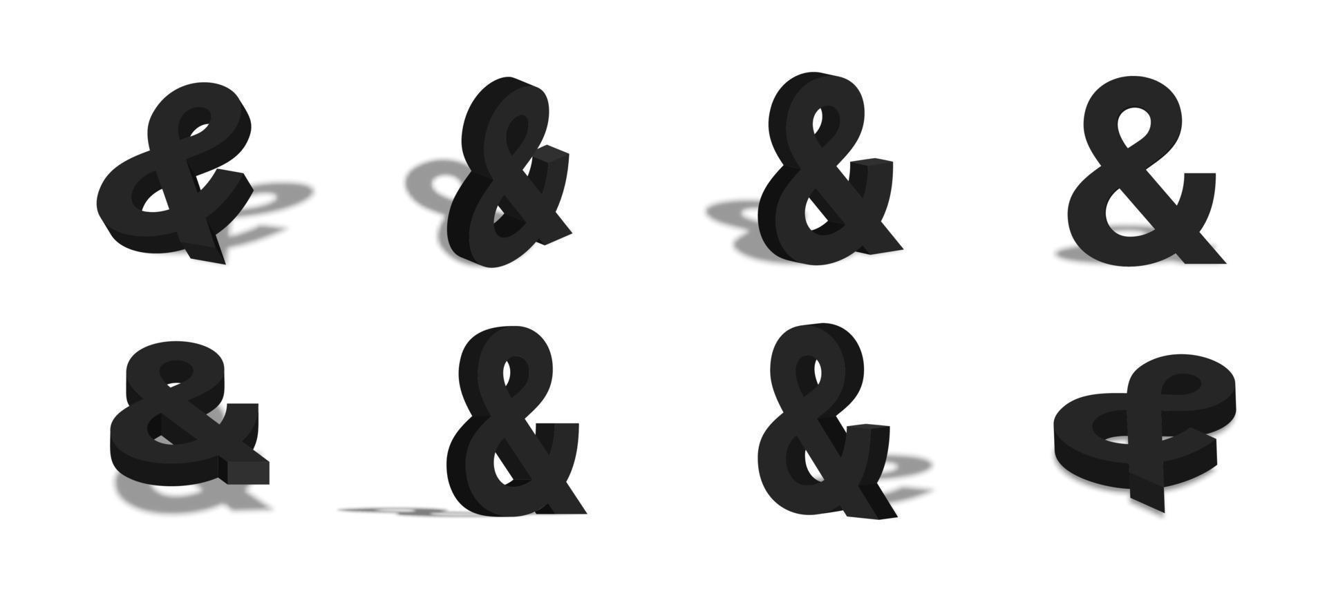 Ilustración del icono 3d ampersand negro con diferentes vistas y ángulos vector
