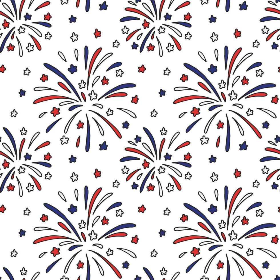 Patriotic seamless pattern with firework in USA flag colors. vector