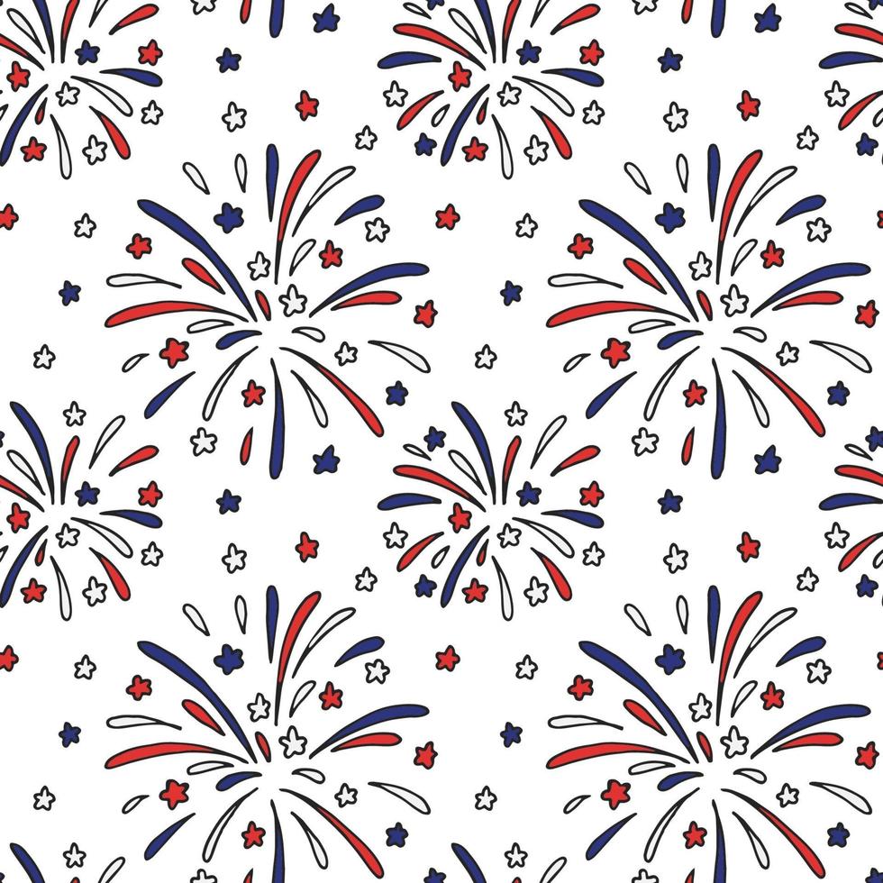 Patriotic seamless pattern with firework in USA flag colors. vector