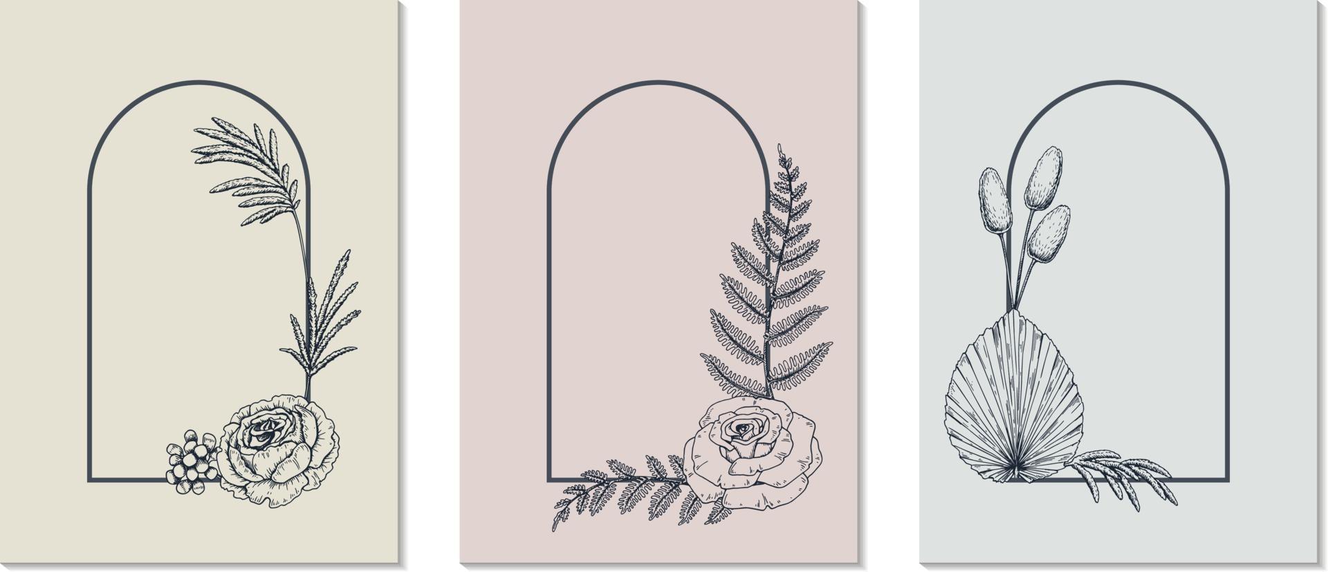 Set of hand drawn botany frames vector