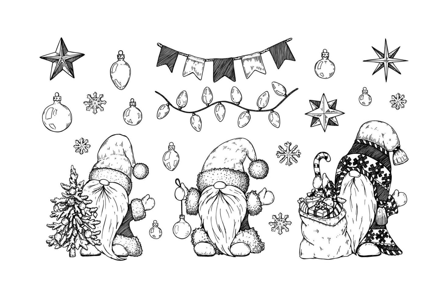 Set of hand drawn cute Christmas decoration and gnomes. vector
