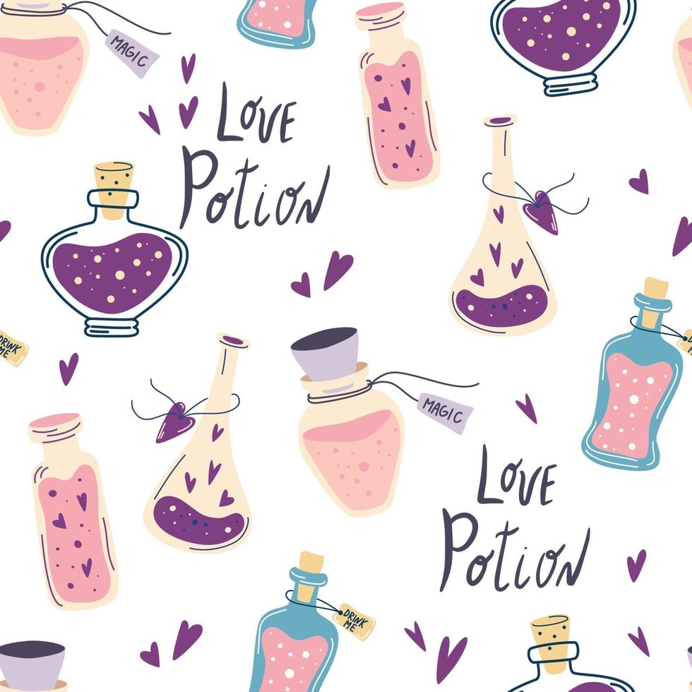 Love potion seamless pattern. Hand draw cartoon magic bottles. vector