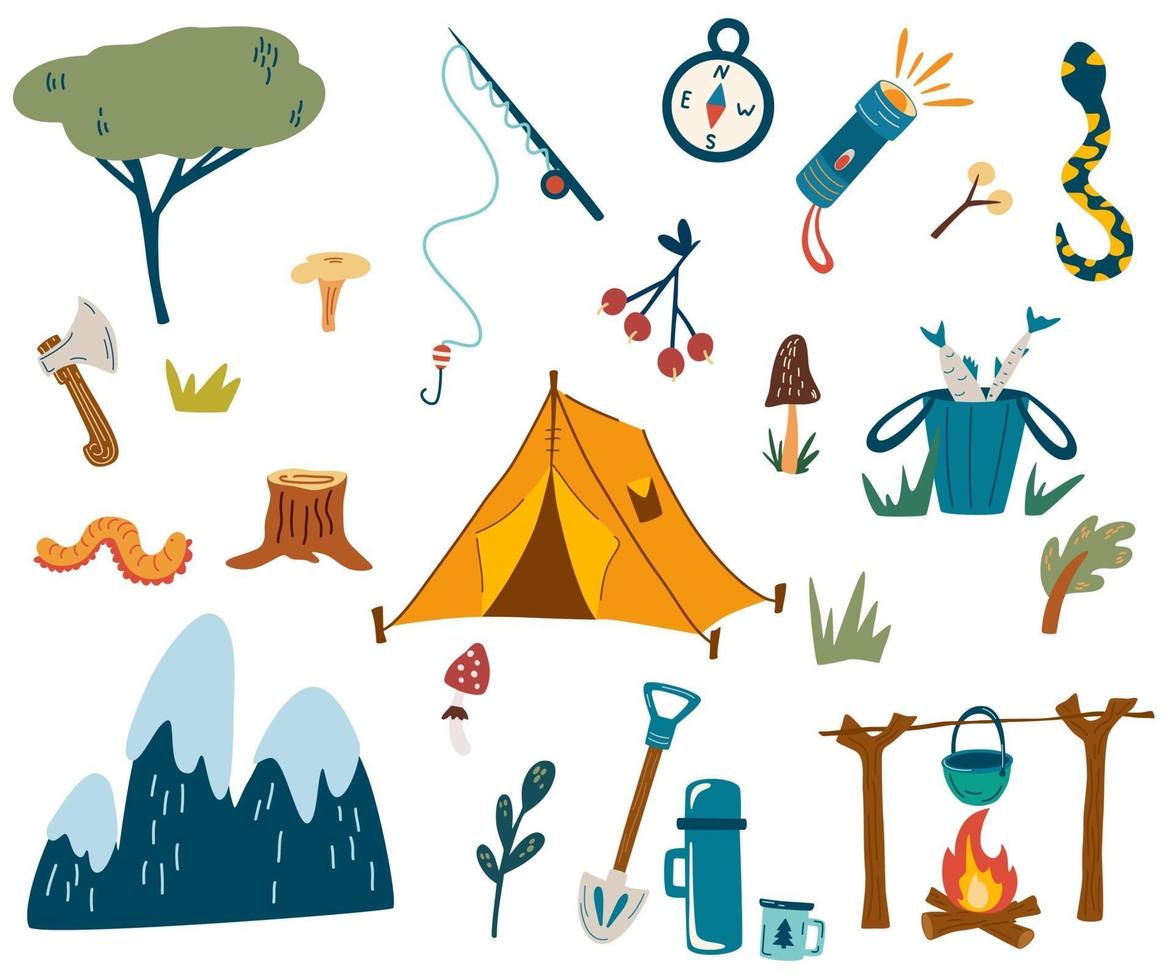 conjunto de camping y senderismo. equipamiento turístico. vector