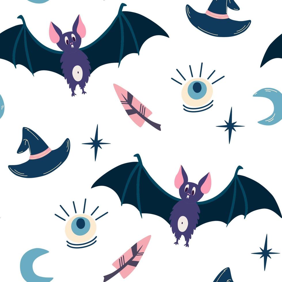 Halloween seamless pattern. Hand draw Bat, hat, moo vector