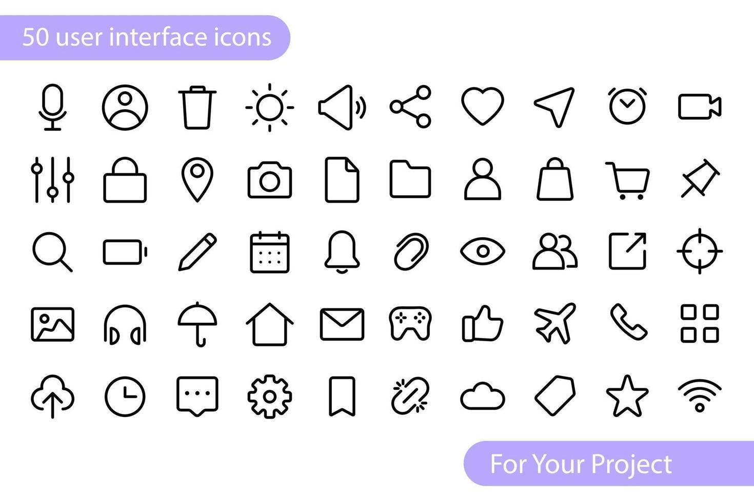 50 App user interface outline icon set vector