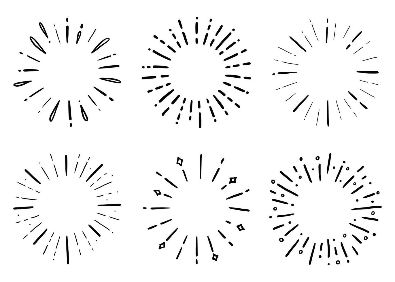 Hand drawn set of sunburst shine ray. Doodle vector