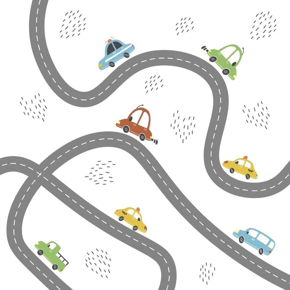 Kids city map of transport and road. Vector illustration.