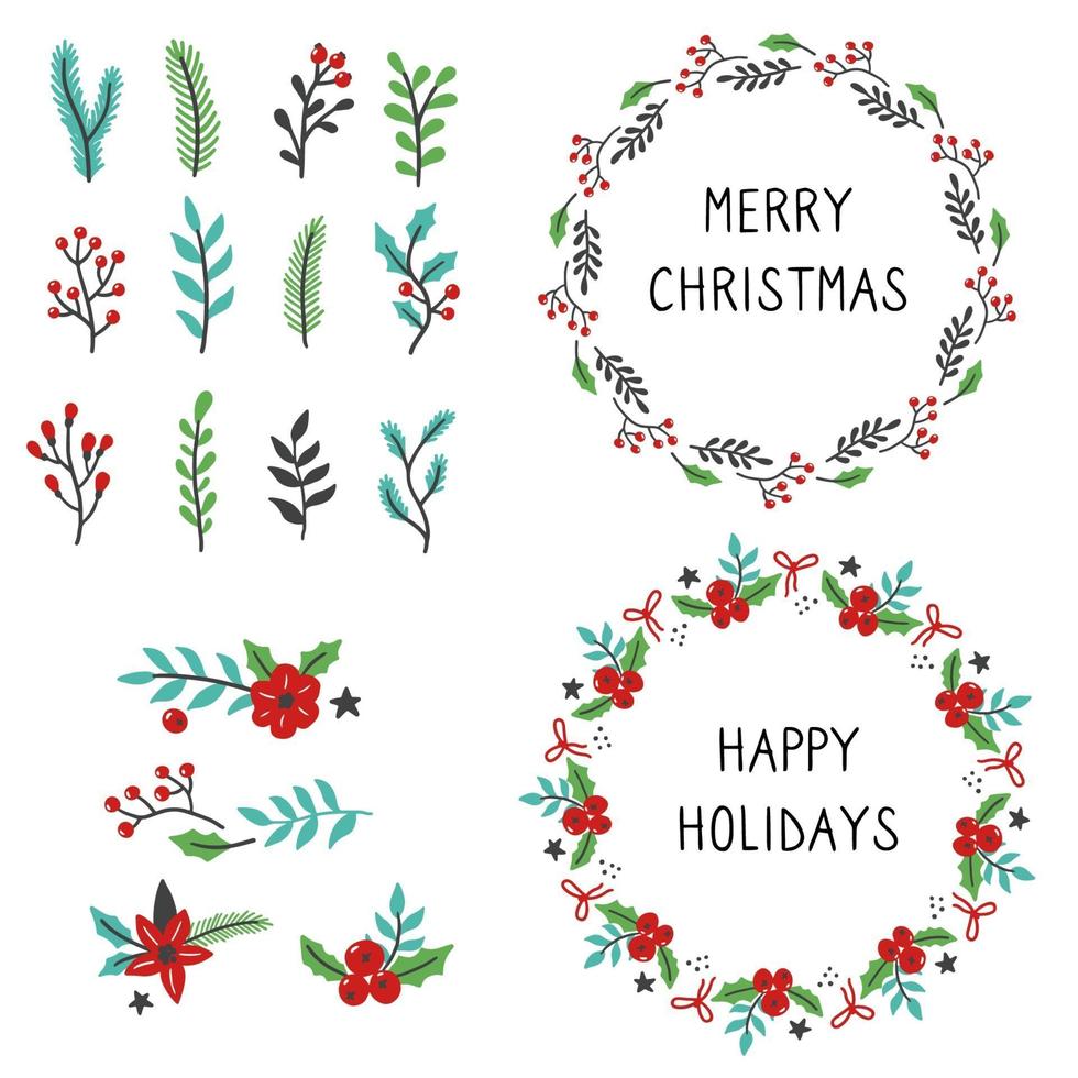 conjunto de ilustración de marco floral de navidad vector