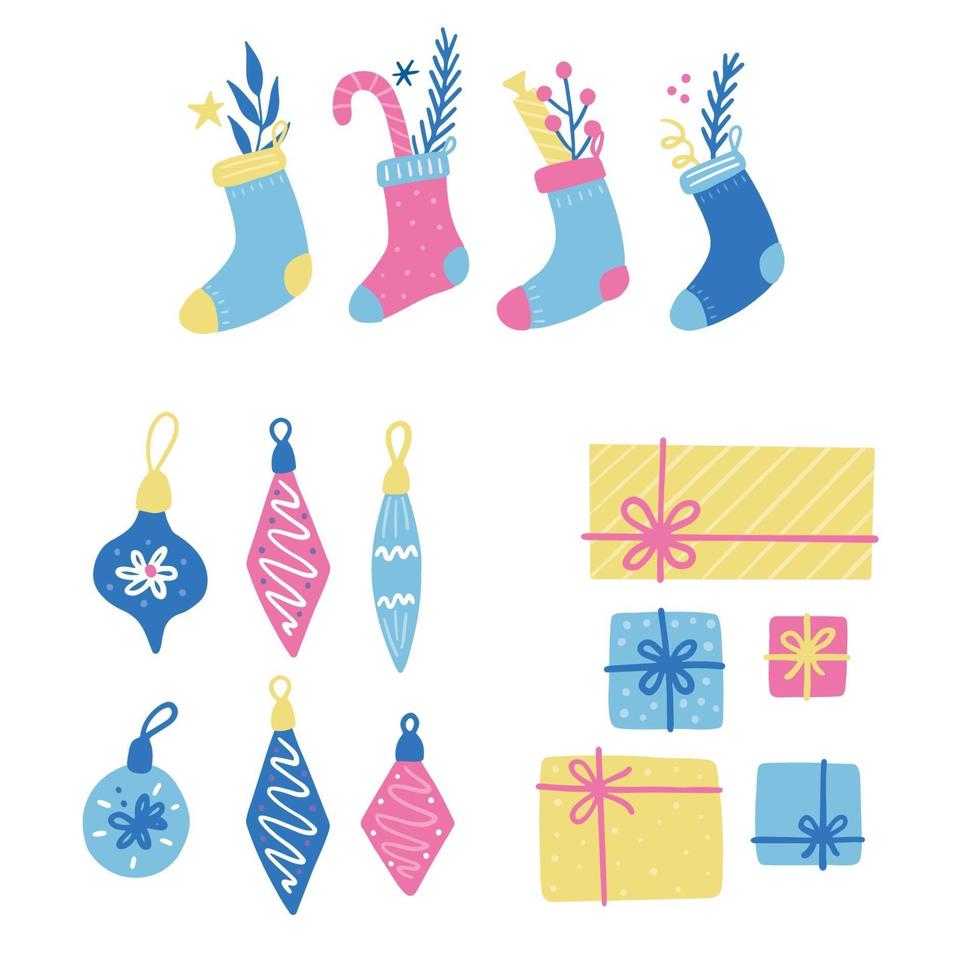 conjunto de bola de decoración navideña, calcetín, caramelo, caja de regalo. vector