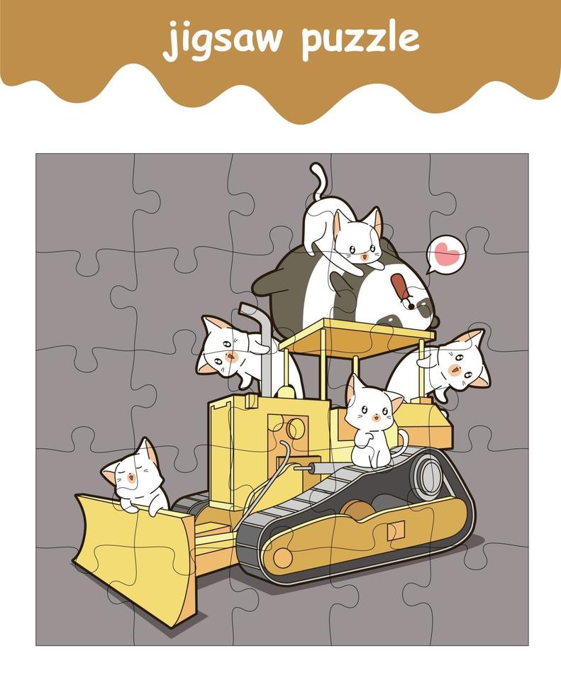 Juego de rompecabezas de adorables pandas y gatos en dibujos animados de tractor vector