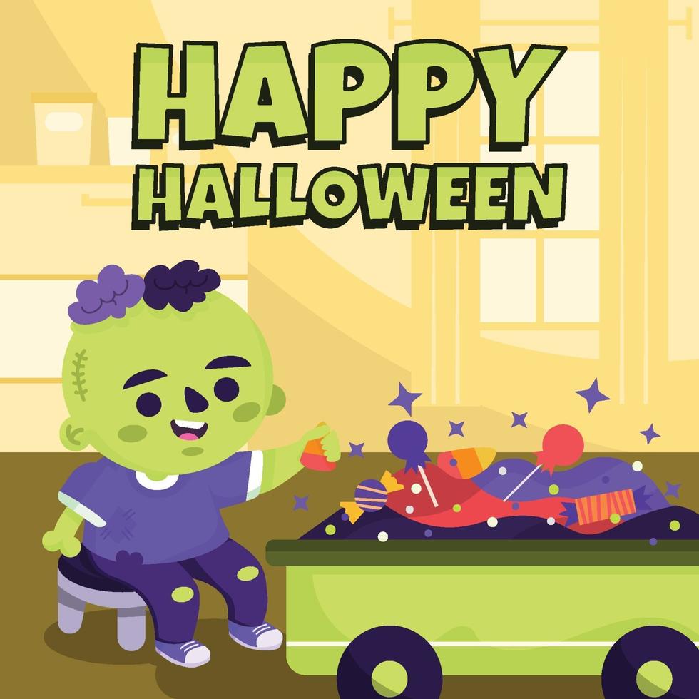 Zombie Costume Boy Collecting Candies Concept vector