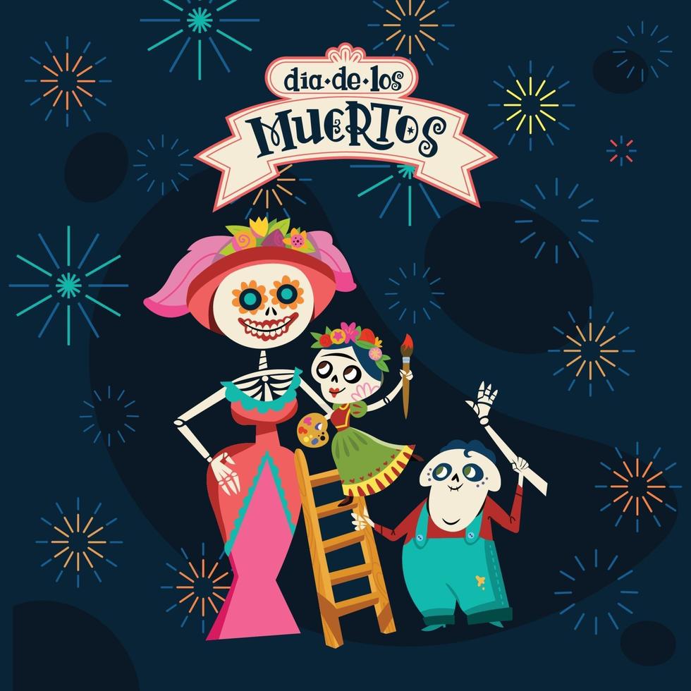 familia esqueleto disfruta del concepto de fuegos artificiales vector