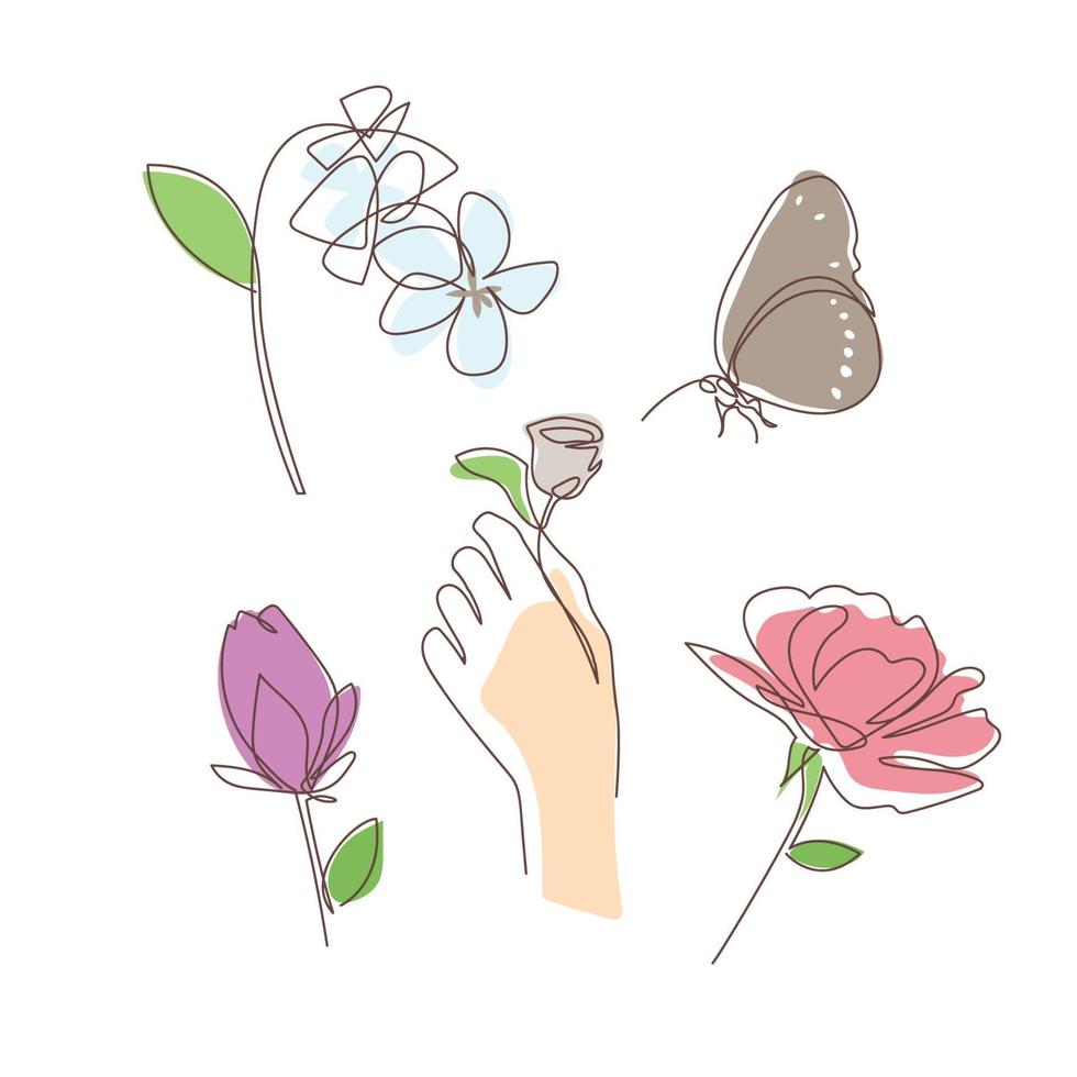 Set of monoline flower hand with butterfly vector illustration
