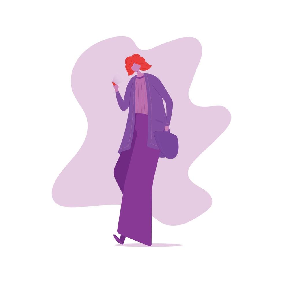 Woman walks holding shopping bag and looking to smart phone vector