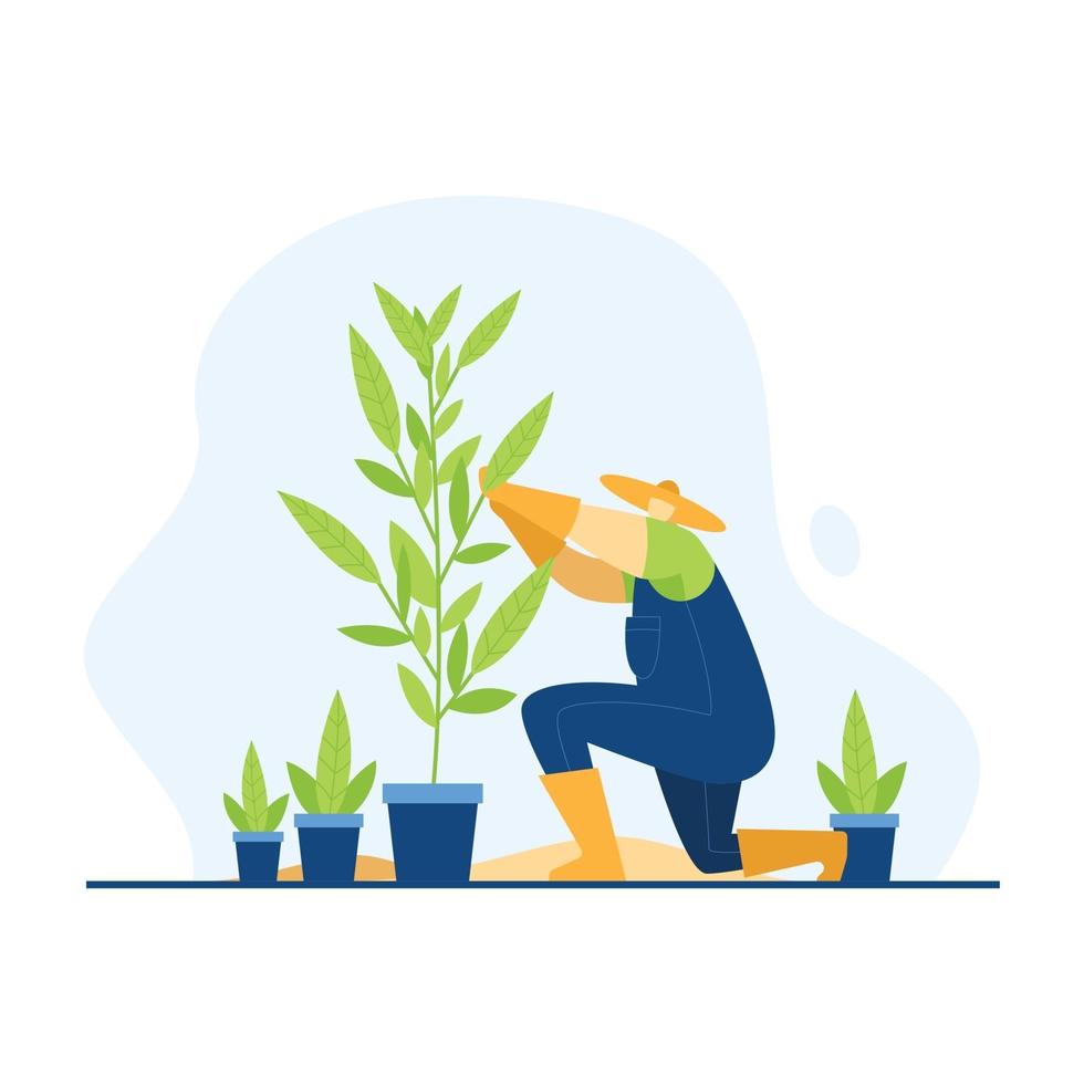 Farmer taking care of the growing plants in the garden vector