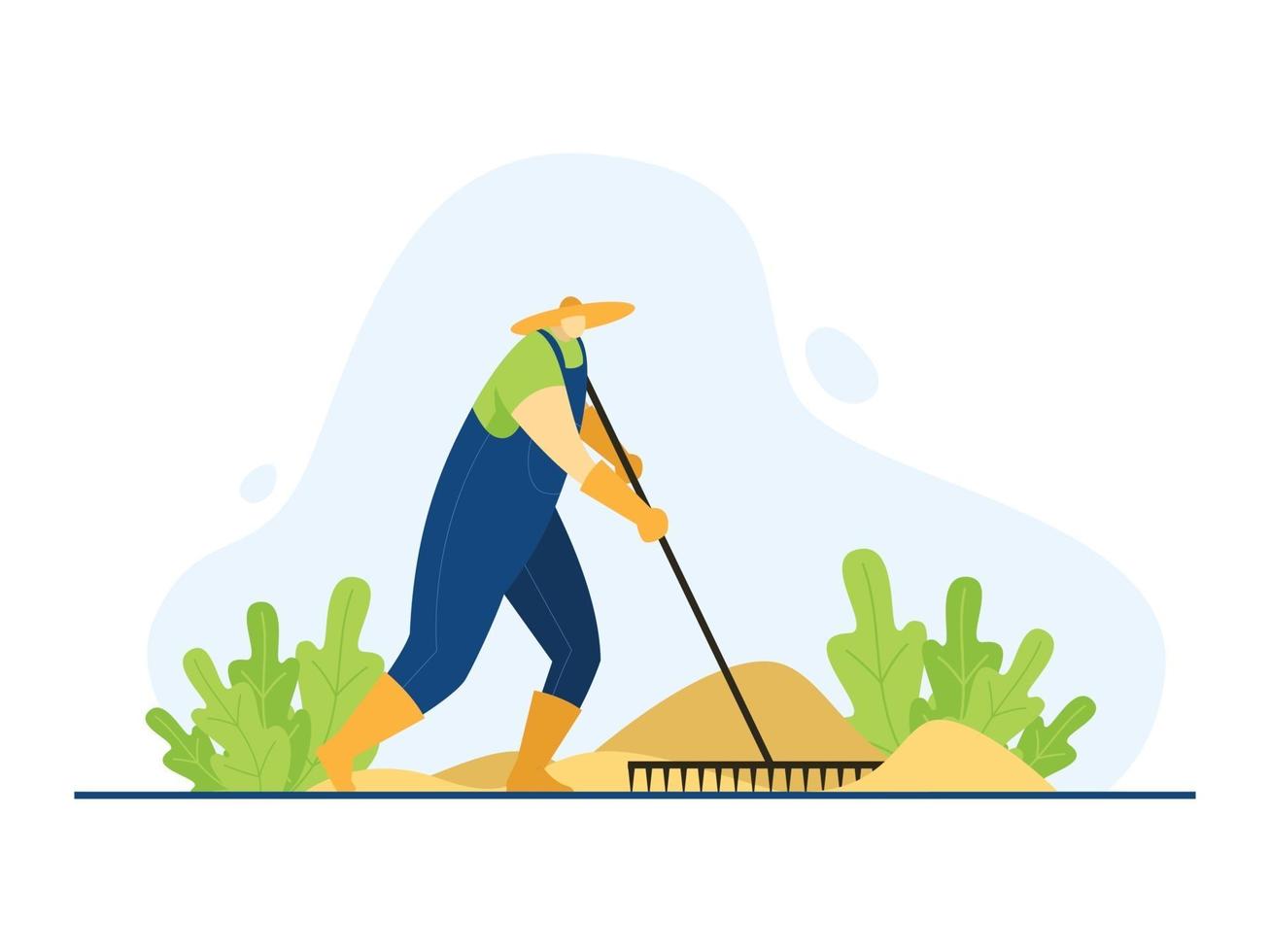 Farmer scratching wheat using a rake in the garden vector