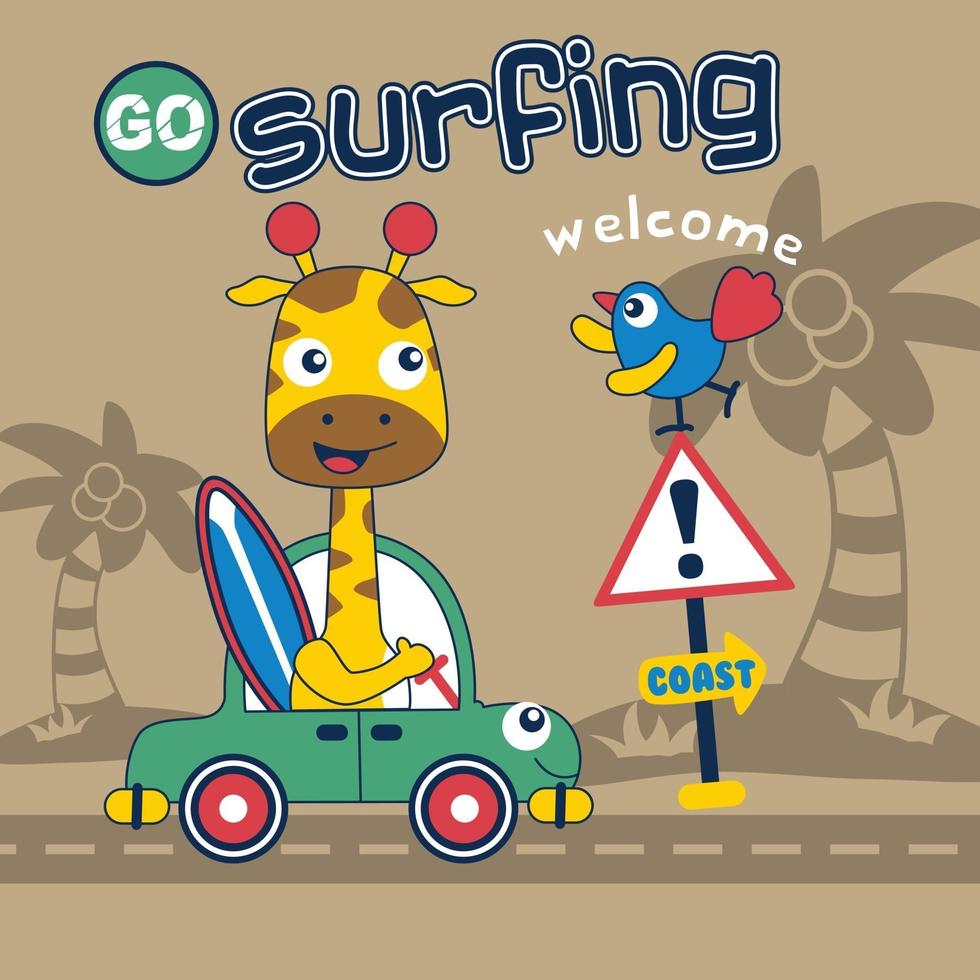 giraffe go to surfing funny cartoon,vector illustration vector