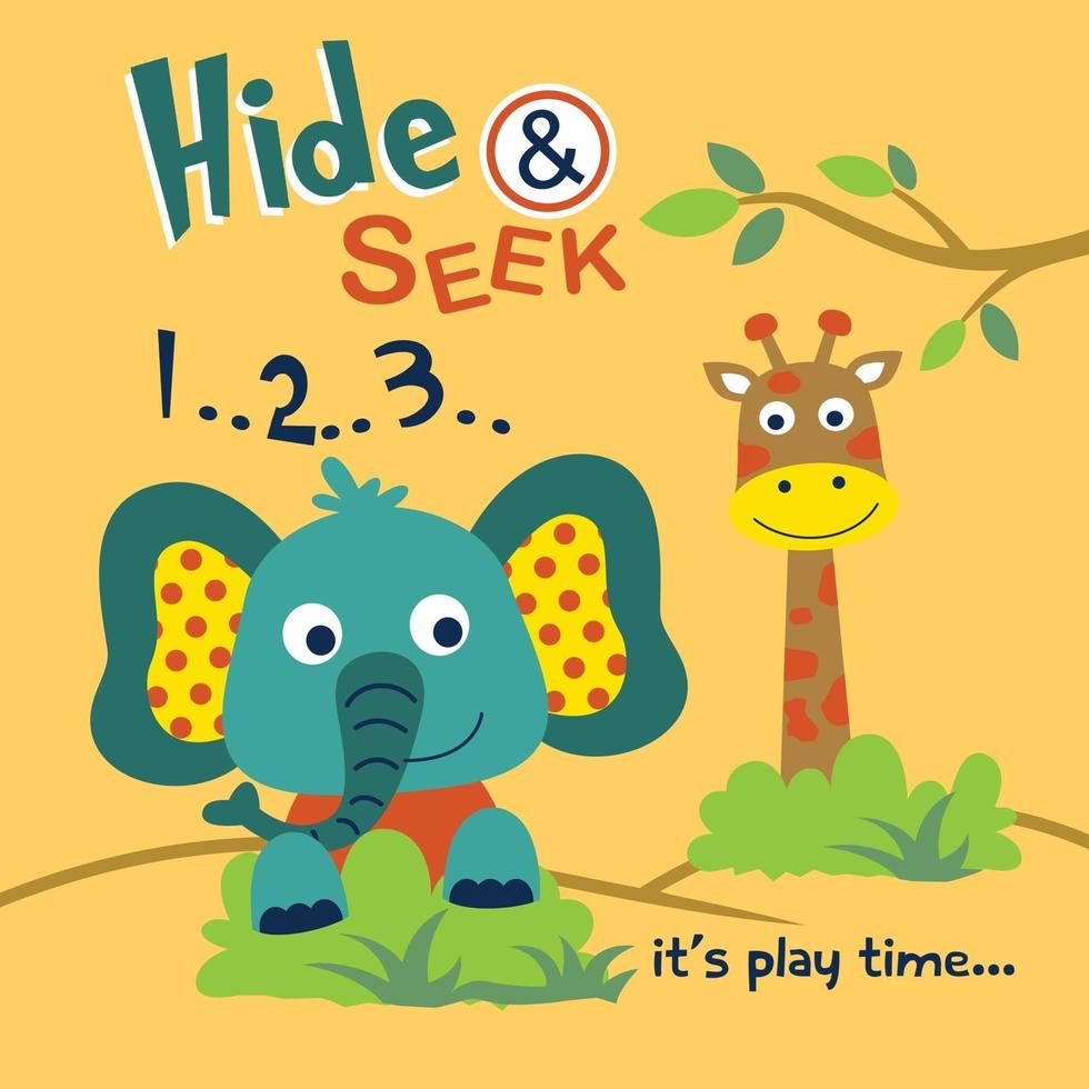 elefante y jirafa jugando a las escondidas divertidos dibujos animados vector
