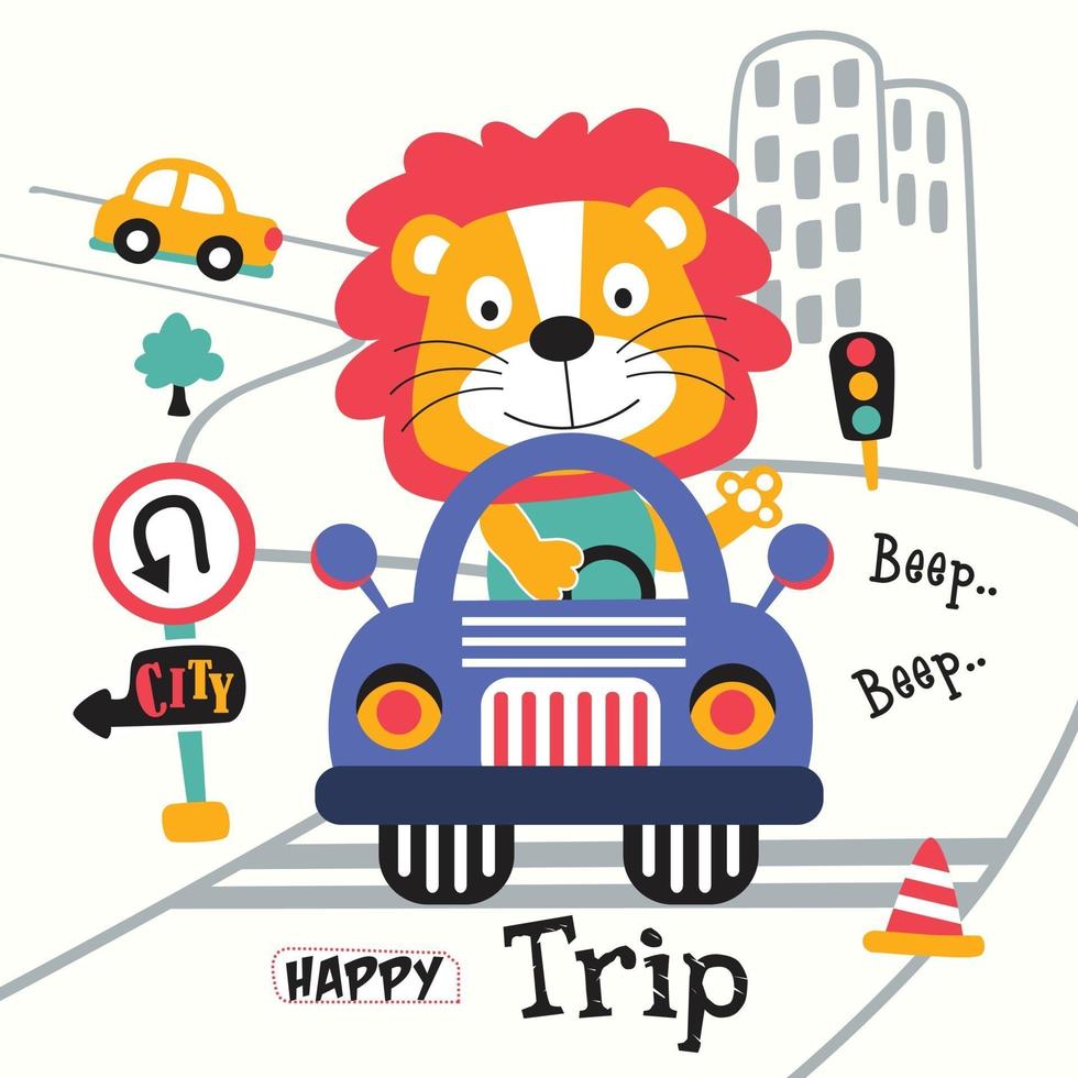 lion the drivercar funny cartoon,vector illustration vector