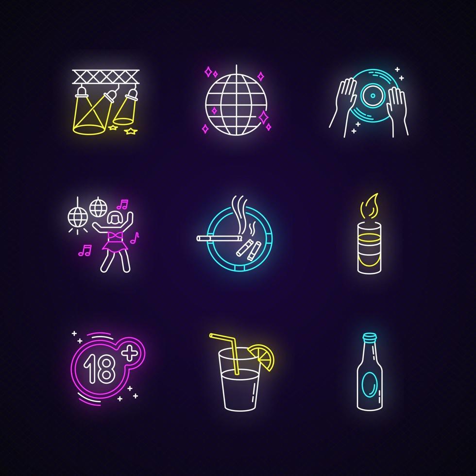 Night club leisure neon light icons set vector