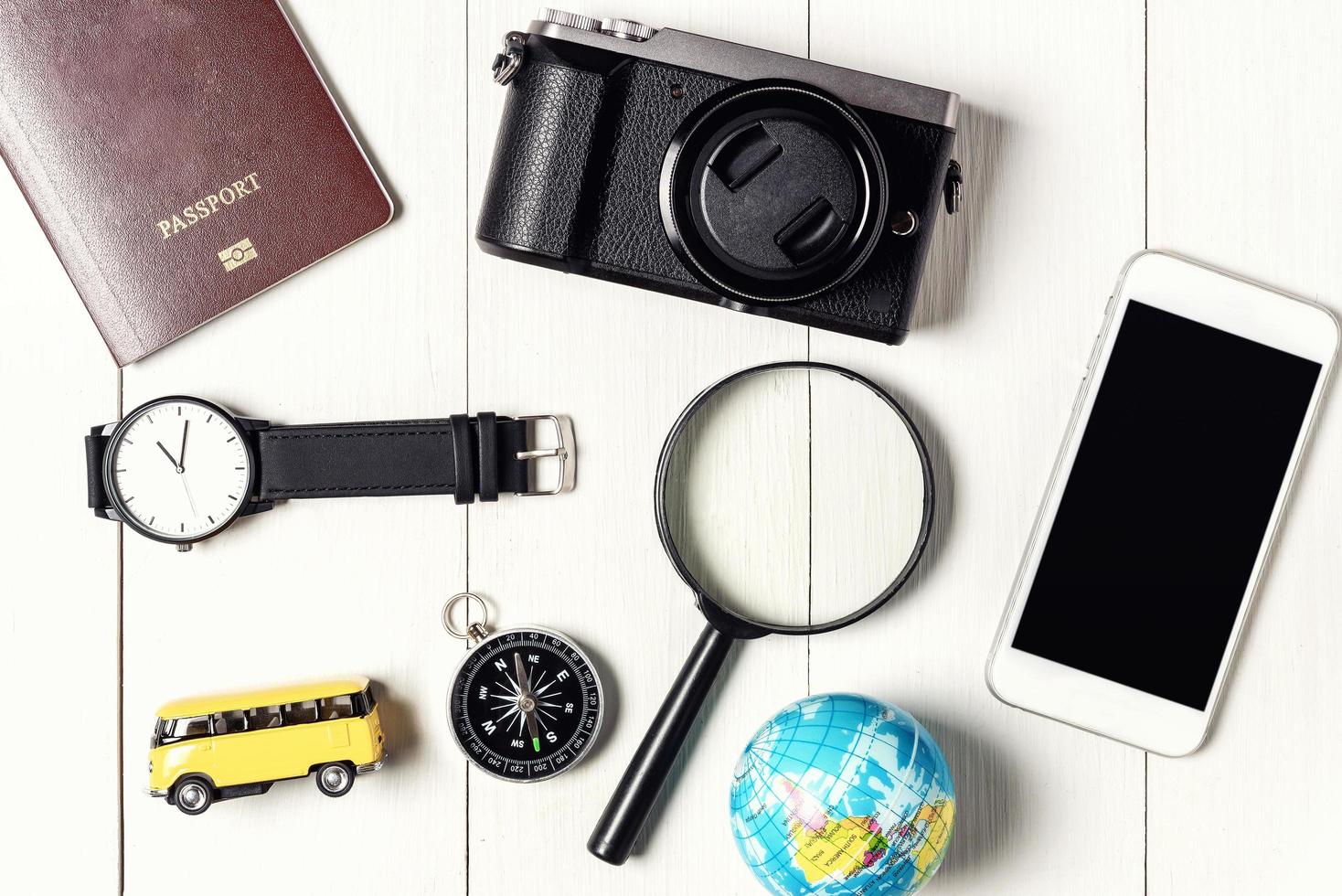 Top view of important travel items with copy space. photo
