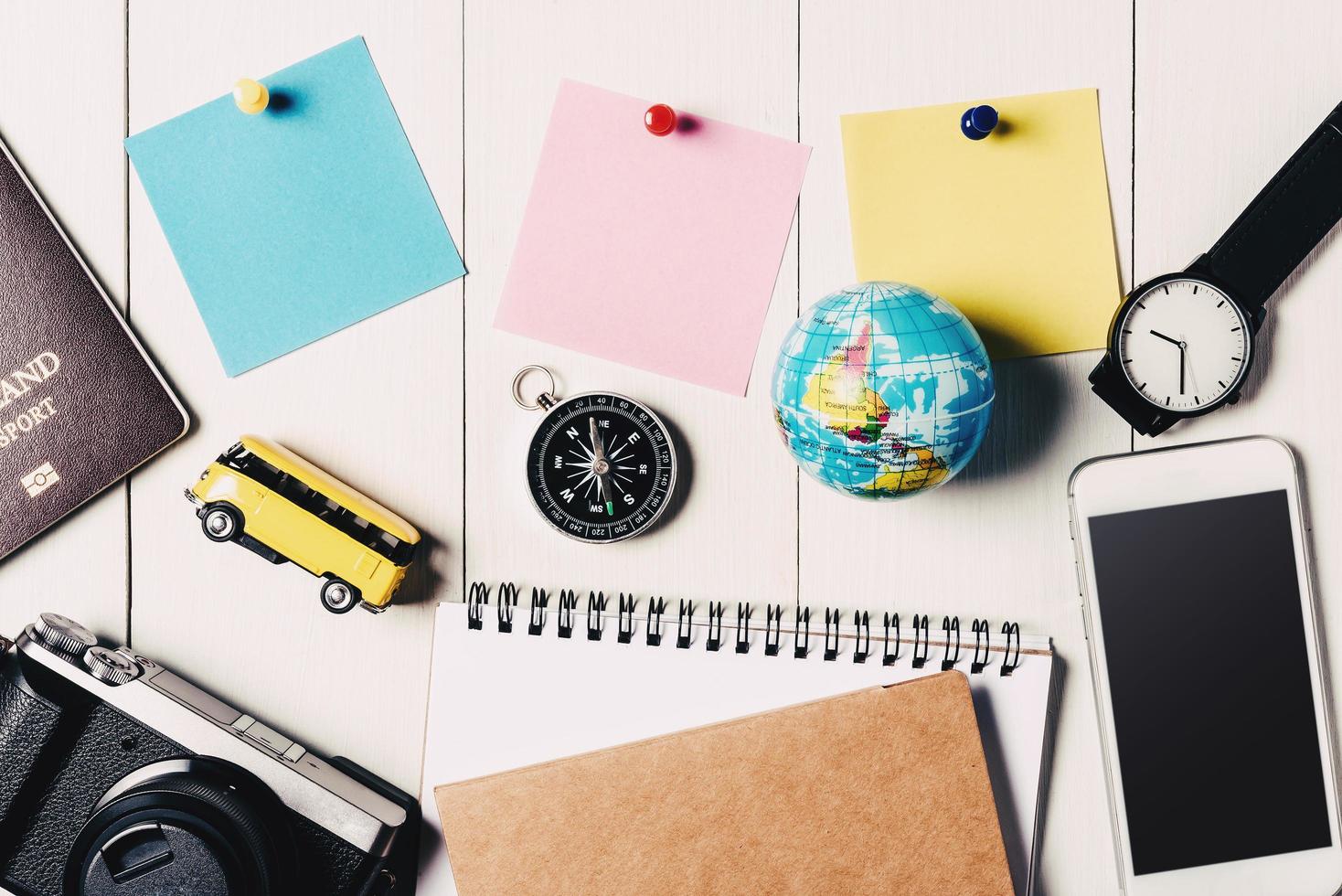 Top view of important travel items with copy space. photo