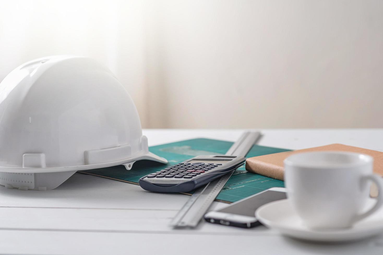 Engineer's desk in office, project ideas concept photo