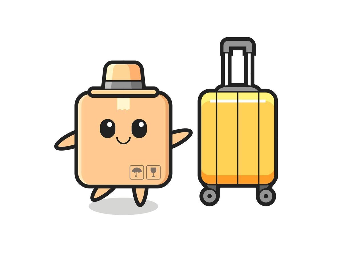 cardboard box cartoon illustration with luggage on vacation vector