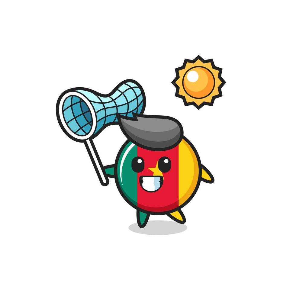 cameroon flag badge mascot illustration is catching butterfly vector