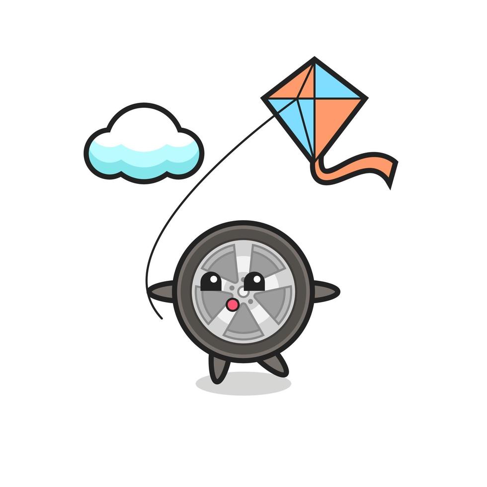 car wheel mascot illustration is playing kite vector