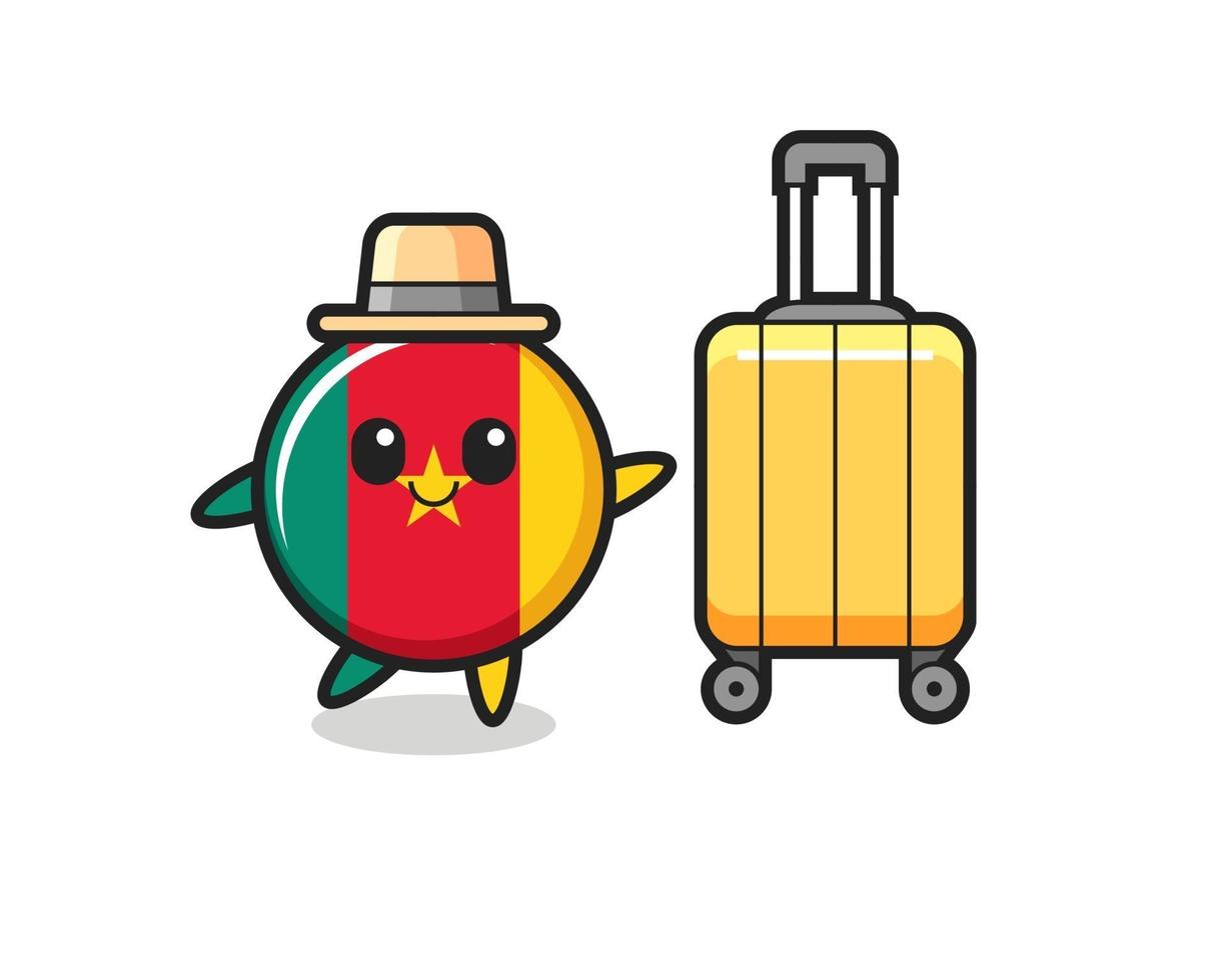 cameroon flag badge cartoon illustration with luggage on vacation vector