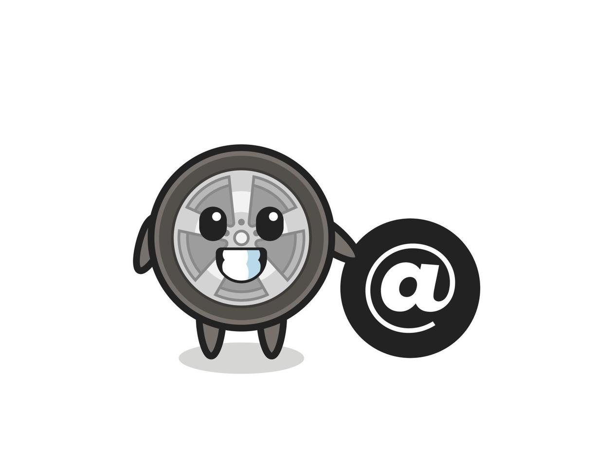 Ilustración de dibujos animados de rueda de coche de pie junto al símbolo vector