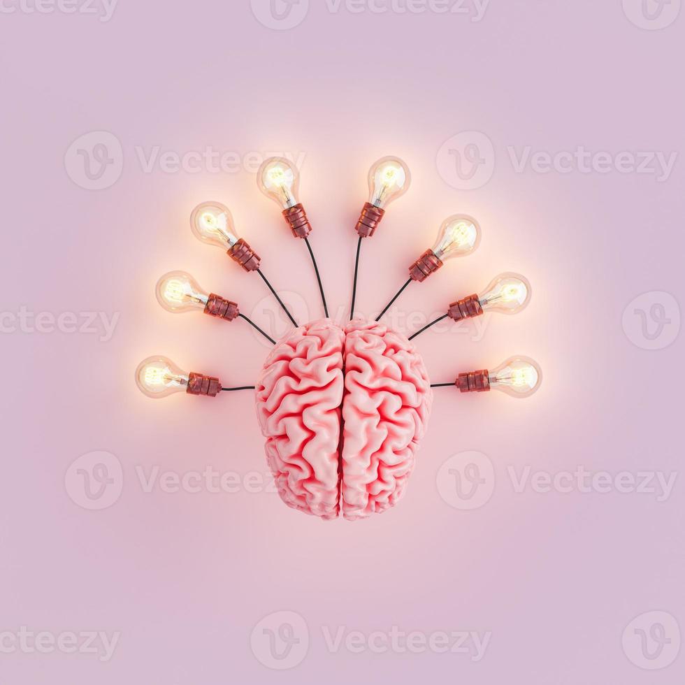 Brain with light bulbs connected and illuminated photo
