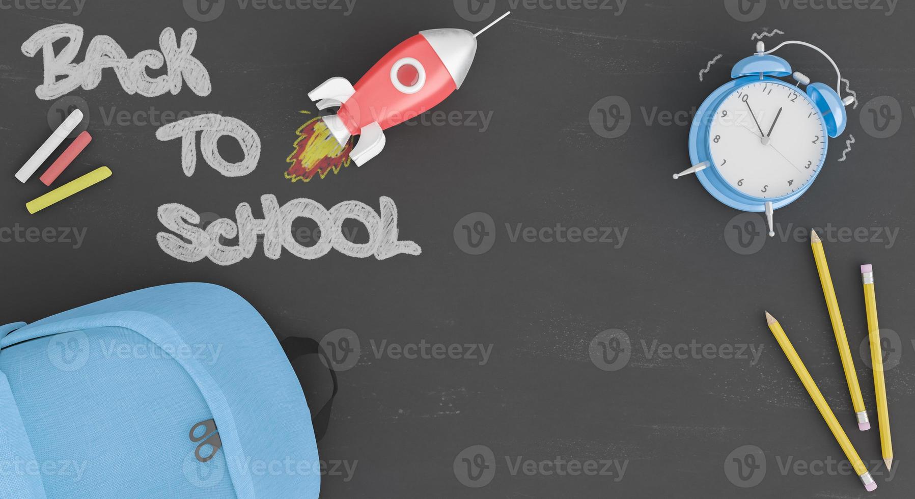 Blackboard for back to school with a rocket and an alarm clock photo