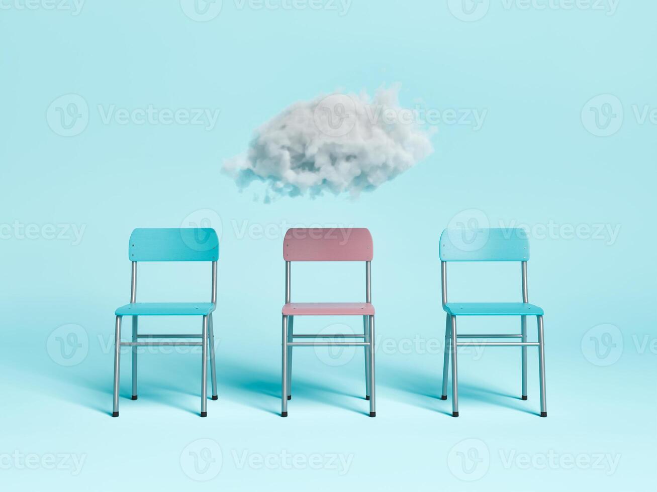 Chairs with one standing out and cloud on top photo