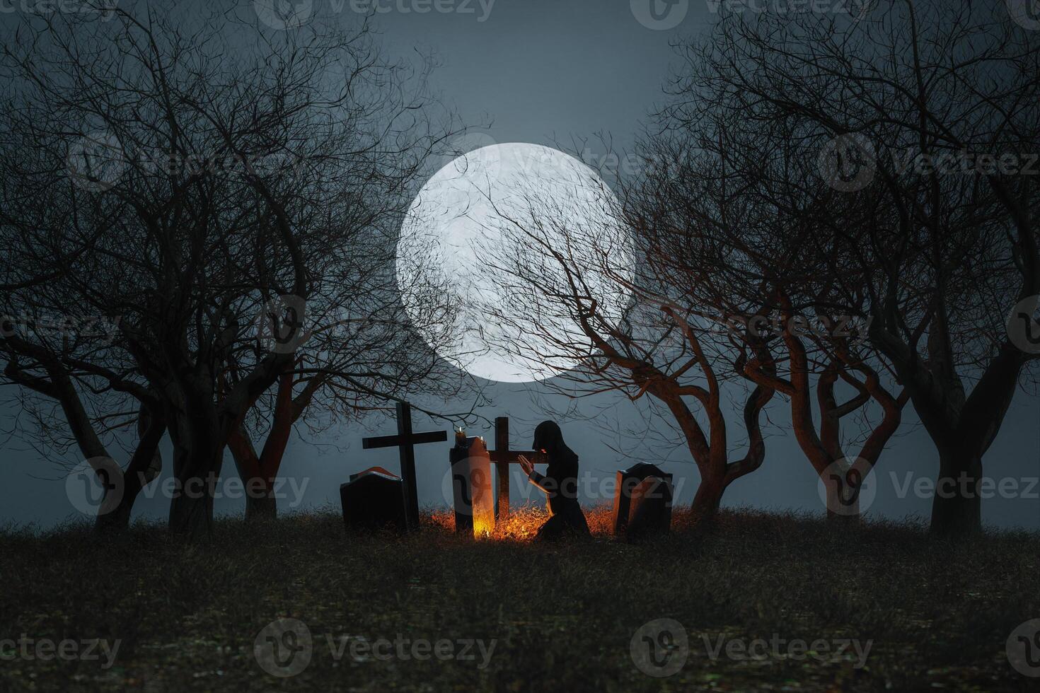 cementerio espeluznante con fondo de luna llena foto