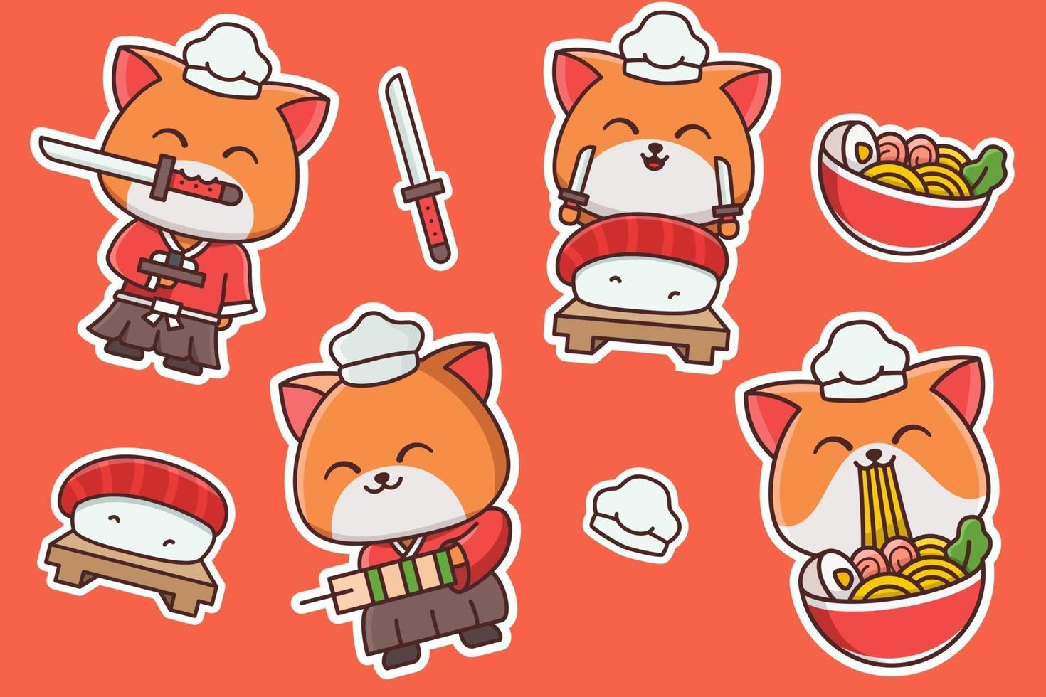 Cute Samurai Cat Chef Cartoon Sticker vector