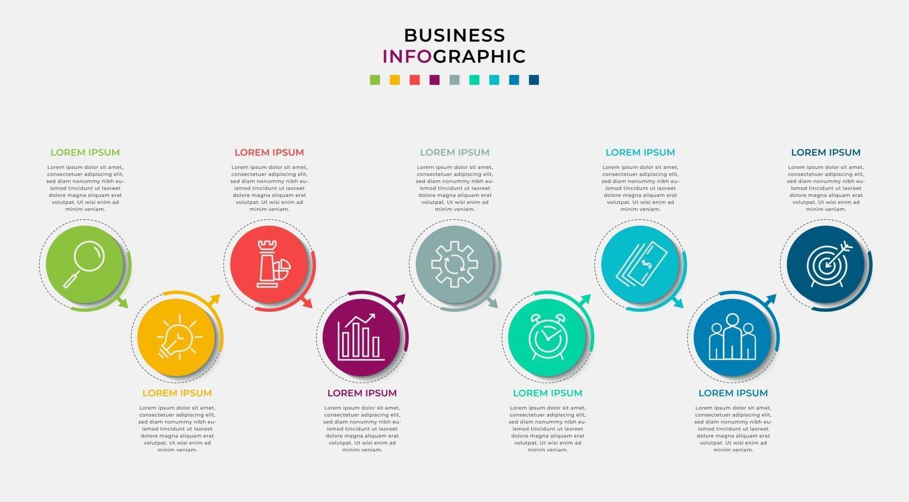 Plantilla de negocio de diseño infográfico con iconos y 9 opciones o pasos. vector